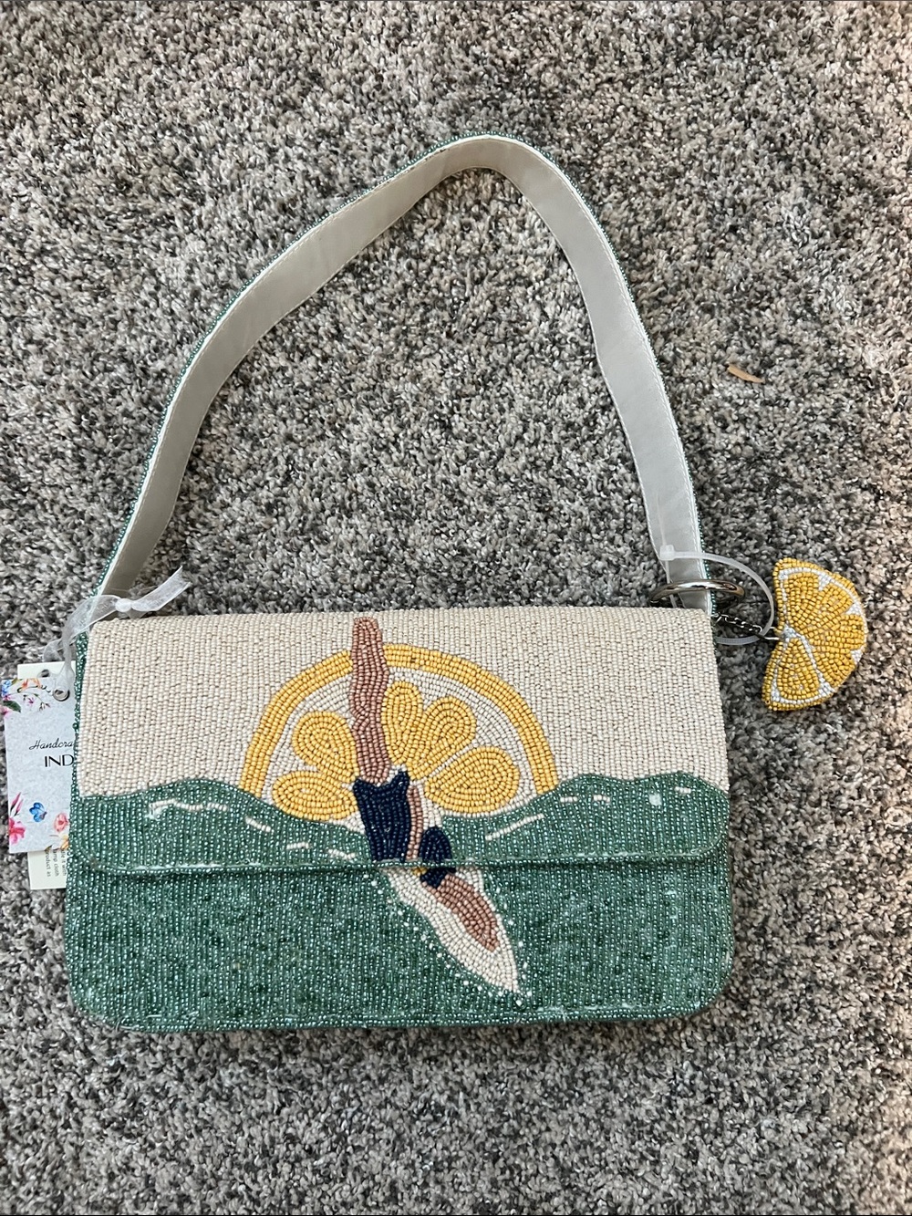 Beaded Green Wave Shoulder Bag with Lemon Accent